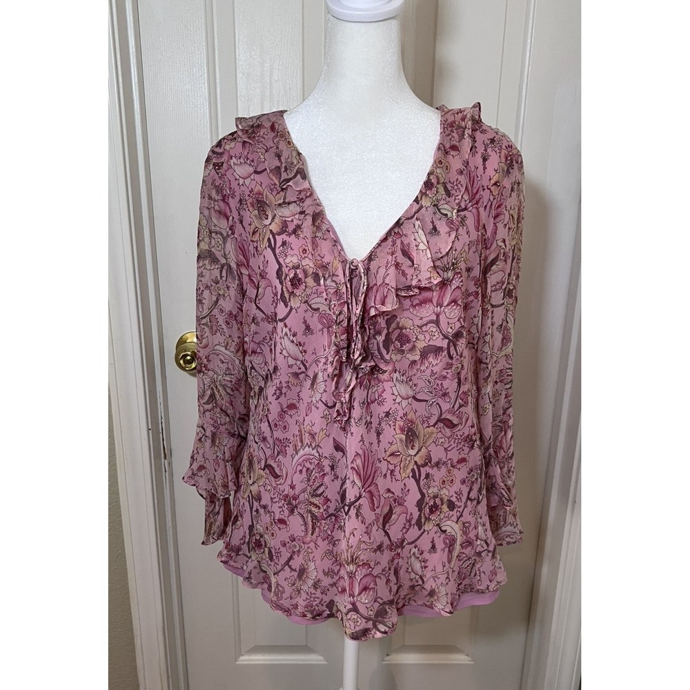 Worthington Silk Pink Floral Ruffle Beaded Bell Sleeve Blouse Fairy Y2K Womens L